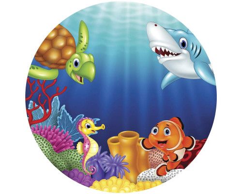 Onderwaterwereld met vissen en koraal op een betoverende behangcirkel voor kinderen.