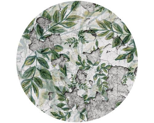 Planten en bloemen op een betonnen muur afgebeeld op een behangcirkel, met een industrieel en artistiek gevoel.