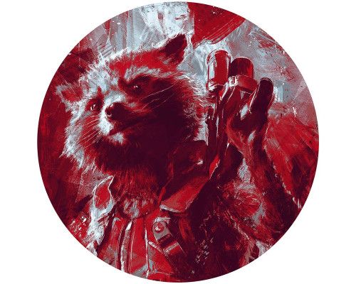 Rocket Raccoon in schilderstijl, afgebeeld op een Marvel behangcirkel.
