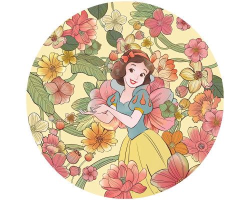 Behangcirkel van Sneeuwwitje in een zomerse bloemenweide, met eindeloze kleurrijke bloemen en een zonnige sfeer.