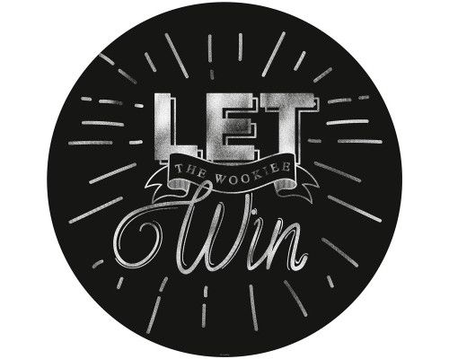 Chewbacca met tekst "Wookie Win" uit Star Wars, afgebeeld op een behangcirkel.