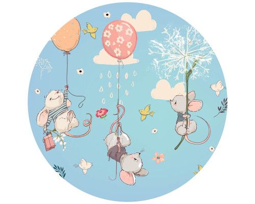 Vliegende muizen boven een fantasierijk bos op een muurcirkel voor kinderen.