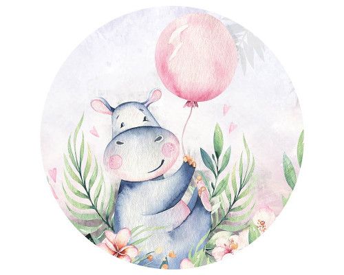 Vrolijk nijlpaardje op een kleurrijke behangcirkel, perfect voor een speelse kinderkamer.