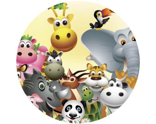 Vrolijke dieren zoals een konijn, egel en vogels op een kleurrijke behangcirkel voor de kinderkamer.