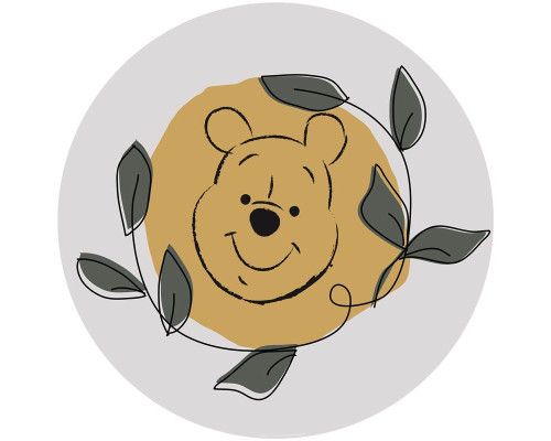 Behangcirkel van Winnie de Poeh, in zijn karakteristieke rode trui, omringd door zijn dierenvrienden in het Honderd Bunderbos.