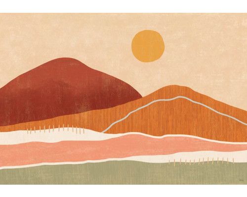 Fotobehang met een boho landschap van glooiende heuvels in aardse tinten en zachte lijnen.