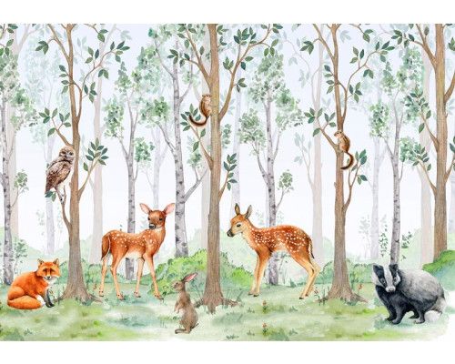 Bosdieren in een natuurlijke omgeving op dit kinderbehang, met illustraties van dieren zoals herten en vossen in een bos.