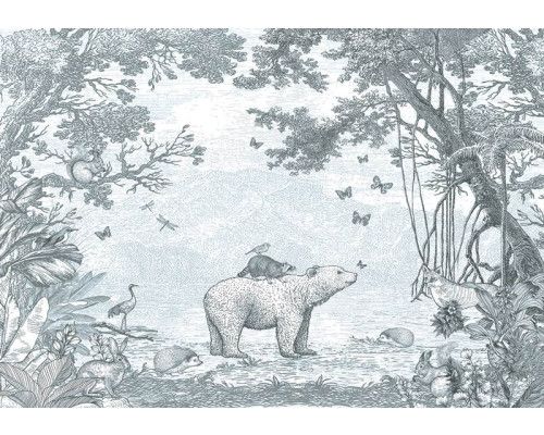 Bosdieren behang in het groen met een beer en andere bosdieren omringd door het bos.