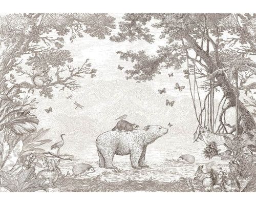 Bosdieren behang in taupe met een beer en andere bosdieren in een bosachtige omgeving; zachte taupe tinten en een gedetailleerde print.