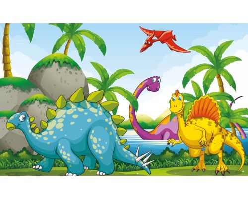 Dino-behang met verschillende dinosaurussen die zich door een weelderig landschap bewegen, perfect voor kinderkamers.