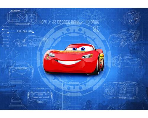 Disney Cars blauwdruk fotobehang, met technische details van de auto's uit de film, speciaal voor de kinderkamer.