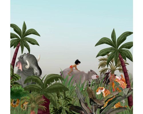 Jungle Boek fotobehang met een prachtige junglescène, ideaal voor een speelse kinderkamer.