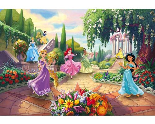 Disney prinsessen fotobehang met kleurrijke karakters, ideaal voor een meisjeskamer.