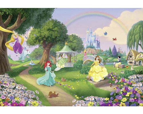 Disney prinsessen fotobehang met een regenboog op de achtergrond, speciaal ontworpen voor een meisjeskamer.