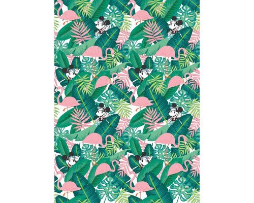 Tropische Minnie Mouse fotobehang, met kleurrijke bloemen, perfect voor een meisjeskamer.