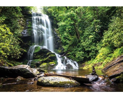 Fotobehang van een betoverende waterval die door een bos stroomt, omringd door dichte bomen en natuur.