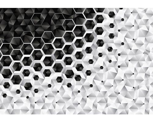 Zeshoekige patronen in zilver en metaal komen terug in dit fotobehang.