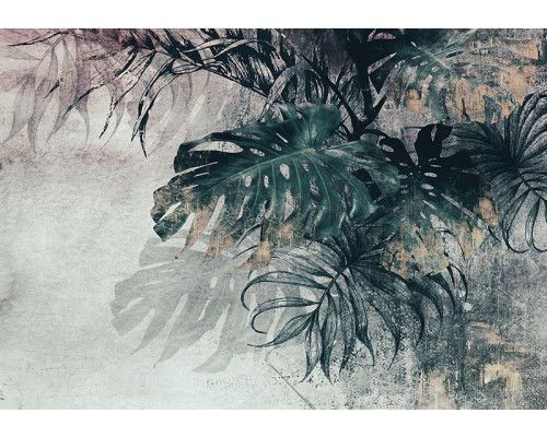 Fotobehang, 3D Monstera Palm Bladeren Beton