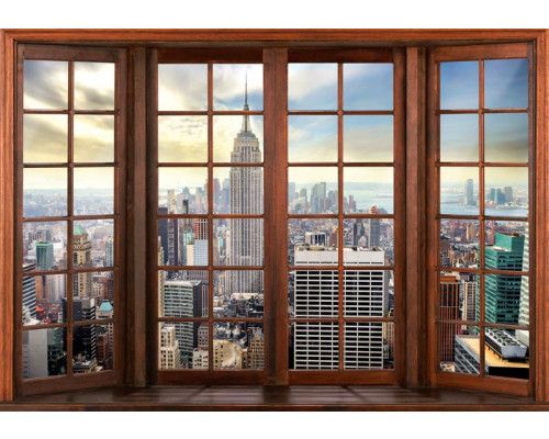 Fotobehang van een 3D-raamzicht op de skyline van New York, met wolkenkrabbers en de stad.