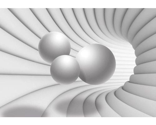 3D-tunnel met witte bollen, abstract kunstfotobehang voor een futuristische en moderne uitstraling.