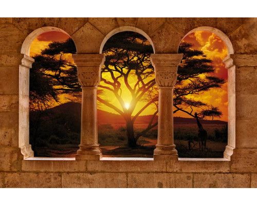 Fotobehang van een 3D uitzicht op een Afrikaans landschap met pilaren, in een exotische sfeer.