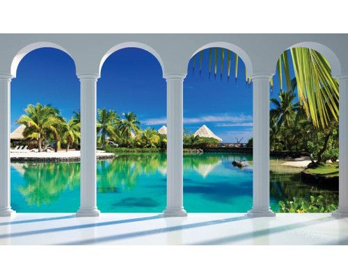 Fotobehang van een 3D uitzicht op de Malediven met pilaren, perfect voor een serene strandervaring.