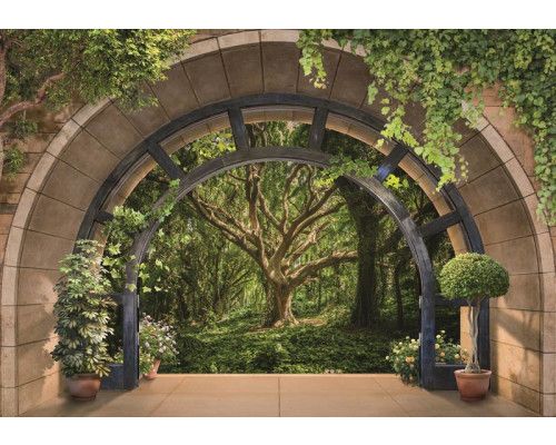 Fotobehang van een 3D uitzicht op een dromerige boom in een bos, voor een fantasierijke sfeer.