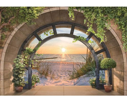 Fotobehang van een 3D uitzicht op duinen, strand en de zee bij zonsondergang.