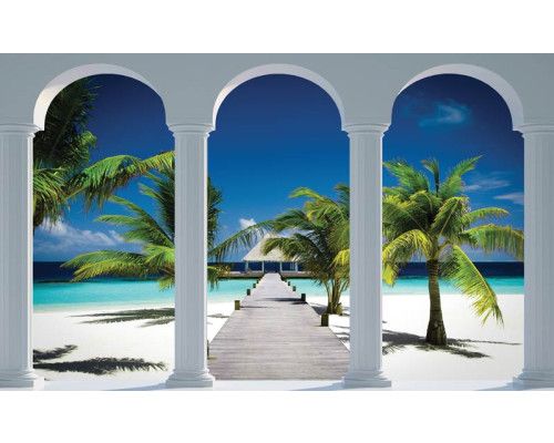 Fotobehang van een 3D uitzicht op Hawaii met zuilen, palmbomen en strand.