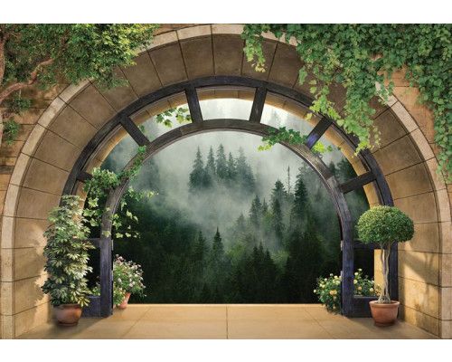 Fotobehang van een 3D uitzicht op een mistig bos, met een mysterieuze uitstraling.