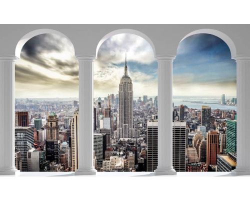 Fotobehang van een 3D uitzicht op New York stad met pilaren, inclusief het Empire State Building.