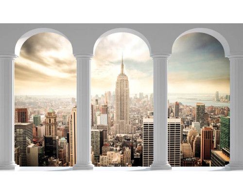 Fotobehang van een 3D uitzicht op New York stad met pilaren, voor een stedelijke sfeer.