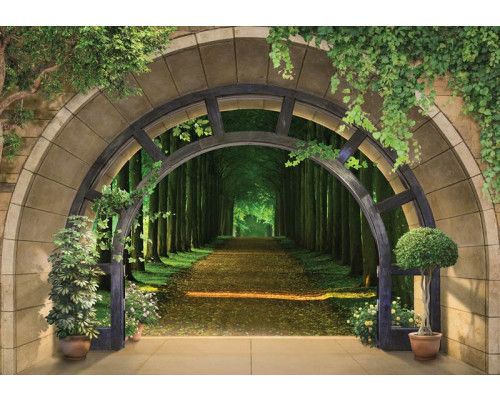 Fotobehang van een 3D uitzicht op een pad door het bos, met bomen in een rustgevende setting.