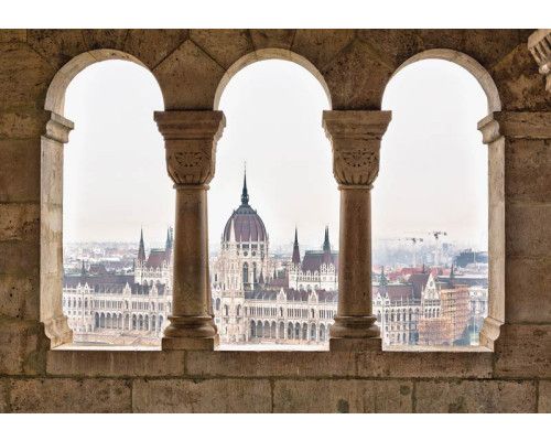 Fotobehang van een 3D uitzicht op het parlementsgebouw van Boedapest met pilaren.
