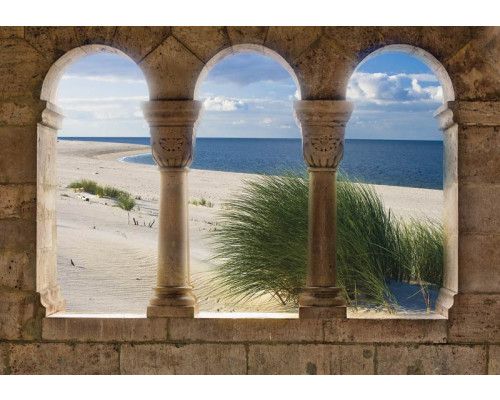 Fotobehang van een 3D uitzicht op een strand, duinen en de zee, met een ontspannen sfeer.