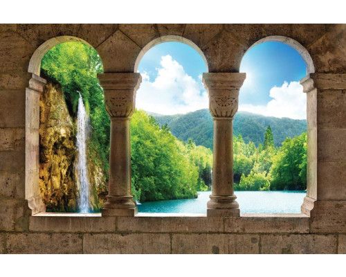 Fotobehang van een 3D uitzicht op een waterval, met een serene landschapsweergave.