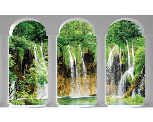 Fotobehang van een 3D uitzicht op watervallen met pilaren, in een dramatische landschapssetting.