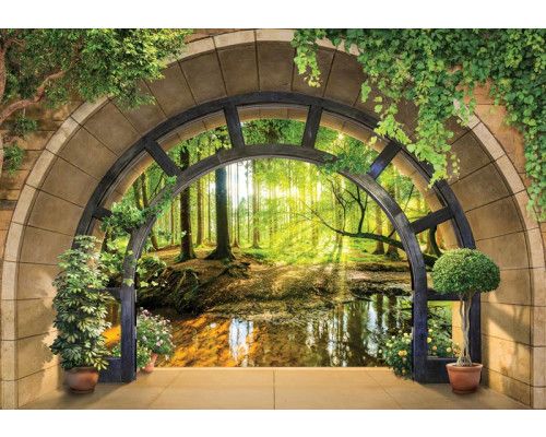 Fotobehang van een 3D uitzicht op een zonnig bos, met een warme uitstraling.