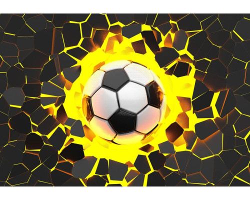 Fotobehang van een avontuurlijk 3D-effect waarbij een voetbal centraal staat in een spannende wedstrijdsituatie.