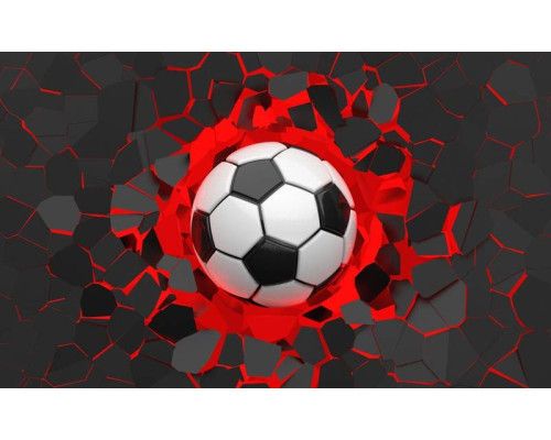 3D-fotobehang met een dynamische weergave van een voetbal die met snelheid door de lucht vliegt, benadrukt door grafische elementen.