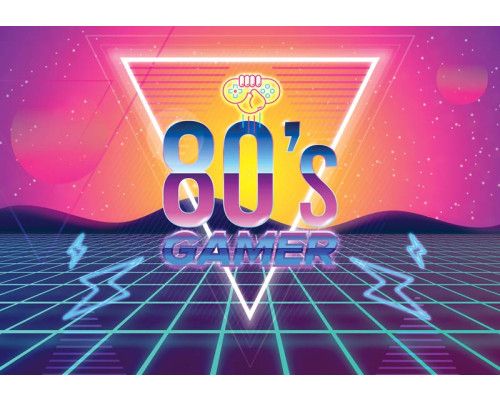 Retro 80's gaming-stijl met kleurrijke arcade-elementen en neonaccenten, perfect voor nostalgische gamers.