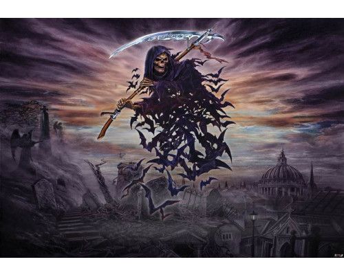 Fotobehang van een skelet met alchemie en het opschrift "A Tithe to Hell".