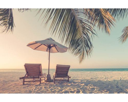 Fotobehang van een tropisch strand met ligbedden onder de palmbomen, omgeven door helderblauwe zee en witte zandstranden.