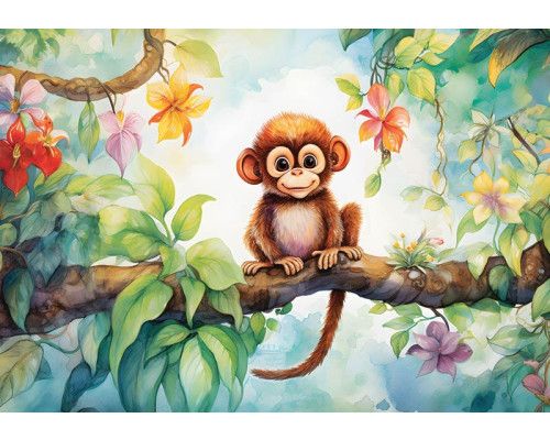 Kinderbehang van een schattig aapje dat zich in de jungle vasthoudt aan een tak, met een speelse en natuurlijke uitstraling.