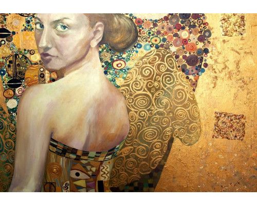 Abstract kunstwerk van een dame op een schilderij in verfstijl op fotobehang.