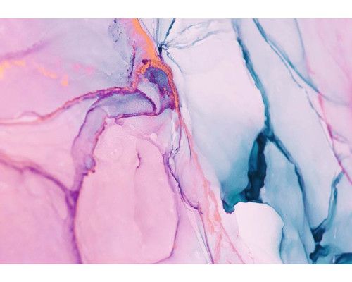 Abstract fotobehang met marmerpatronen in roze en blauw.
