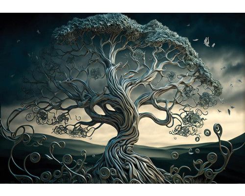 Abstracte boomkunst op een metalen achtergrond op dit fotobehang, met een artistieke en moderne uitstraling.