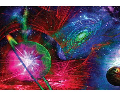 Kleurrijke abstracte weergave van het universum met planeten en sterren op dit fotobehang, vol met levendige tinten.