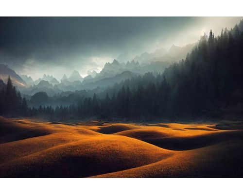 Fotobehang van een adembenemend berglandschap, met kunstzinnige details van een bos en omliggende bergen.