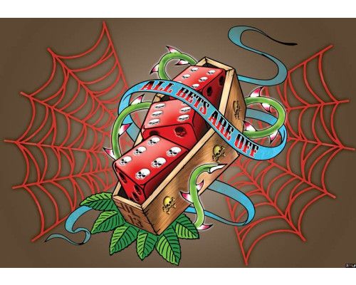 Fotobehang van dobbelstenen alchemie, met een 'all bets are off' thema, ideaal voor een donkere kamer.